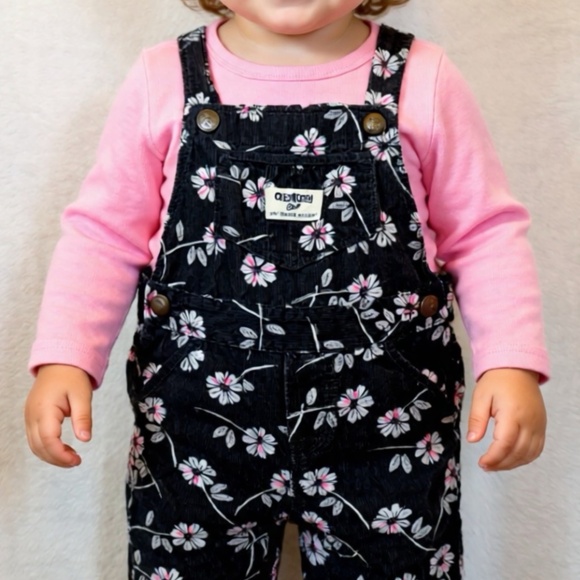 OshKosh B'gosh Overalls Infant Girl Size 12M Corduroy Floral Black Pink - Picture 1 of 7